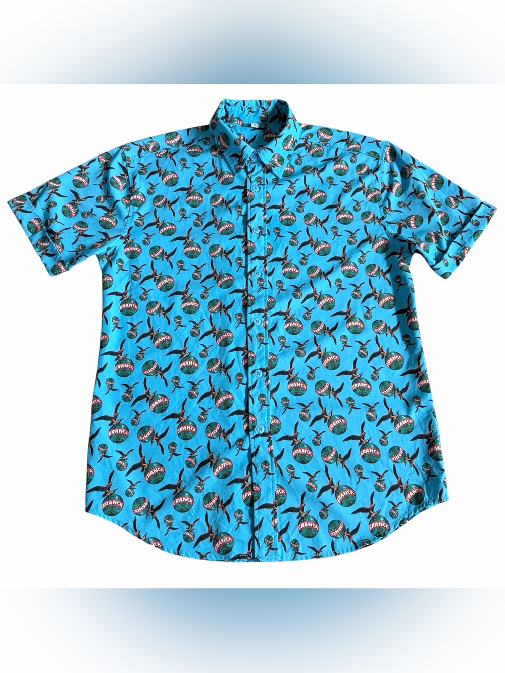Fernet Branca Men’s Button Up Hawaiian Shirt Sz M Blue A.O.P Bartender Mixology